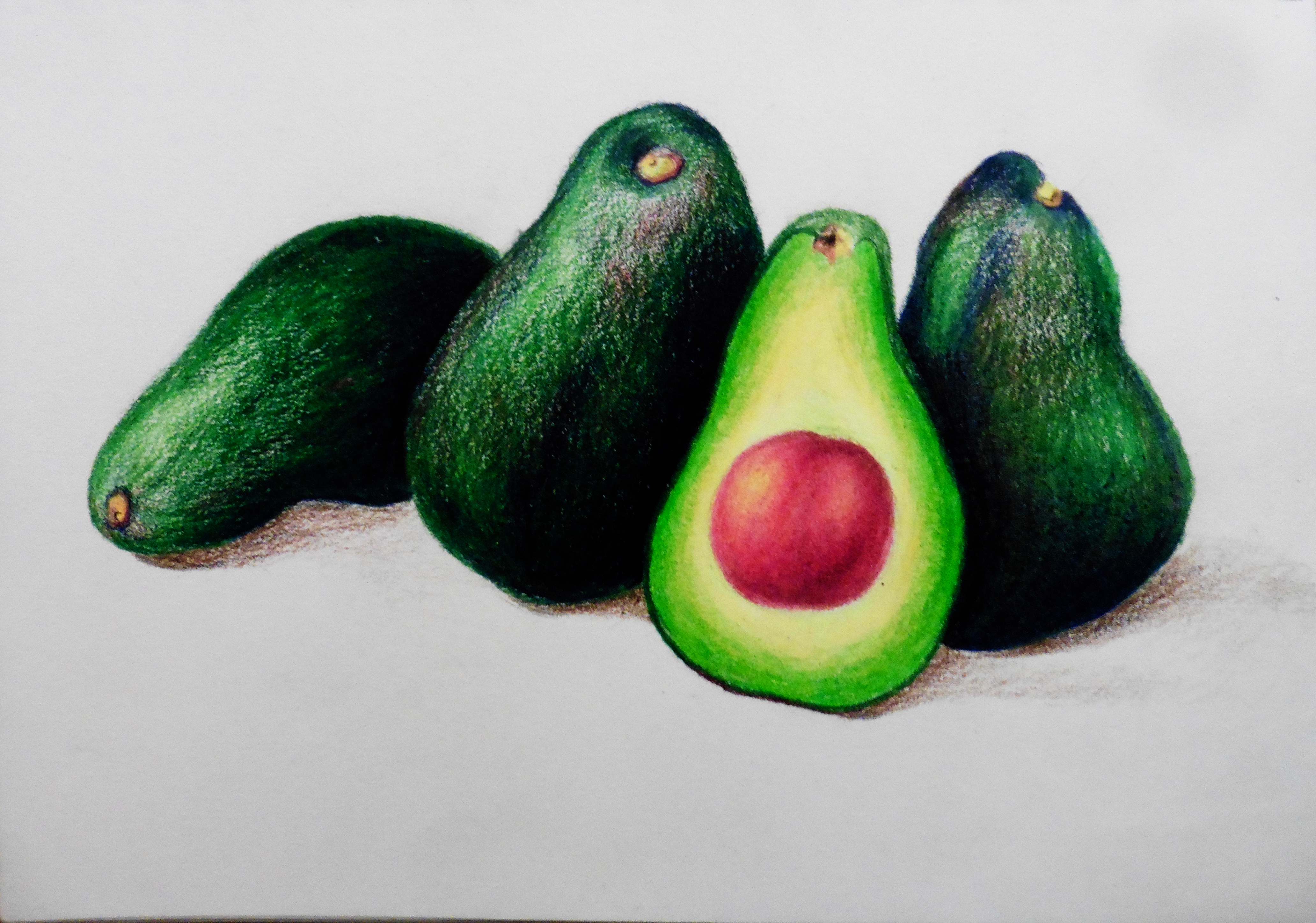 Avocados, Prismacolor colored pencils, green, red, brown Subject: food, fruit, ig, instagram post, By Destiny Barrett