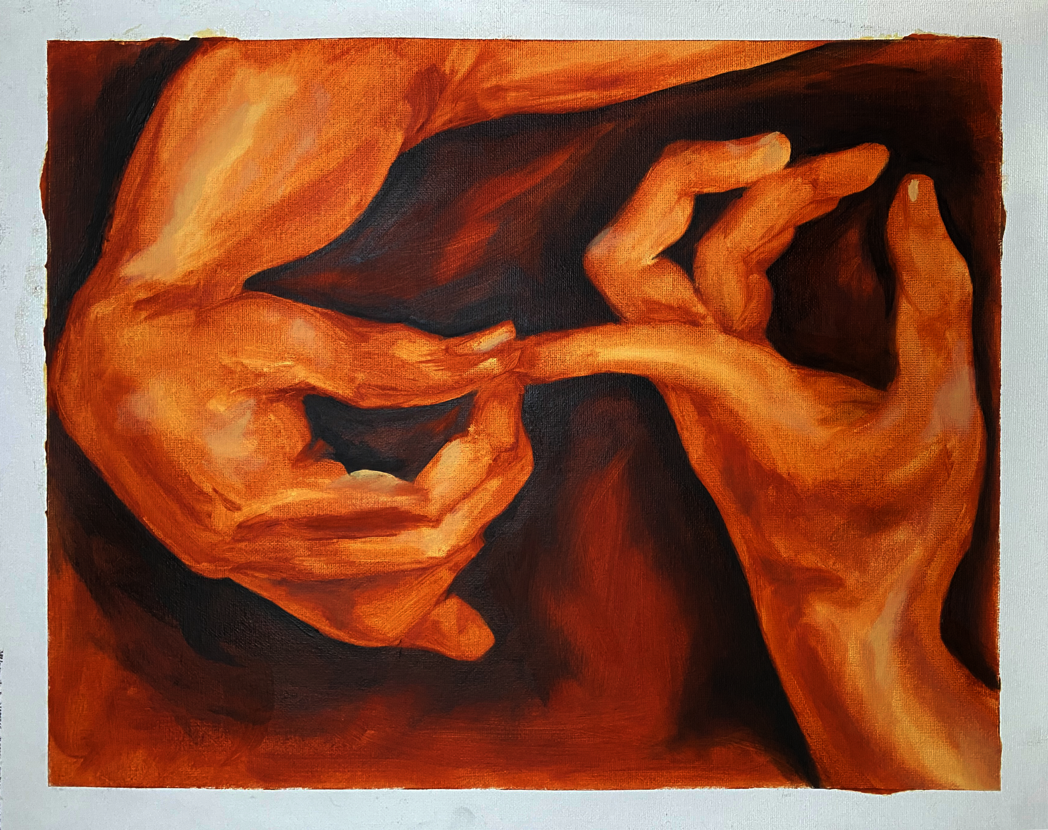 Oil paint, (unstreched) canvas paper, orange, sena, red, glazed, hands, By Destiny Barrett.