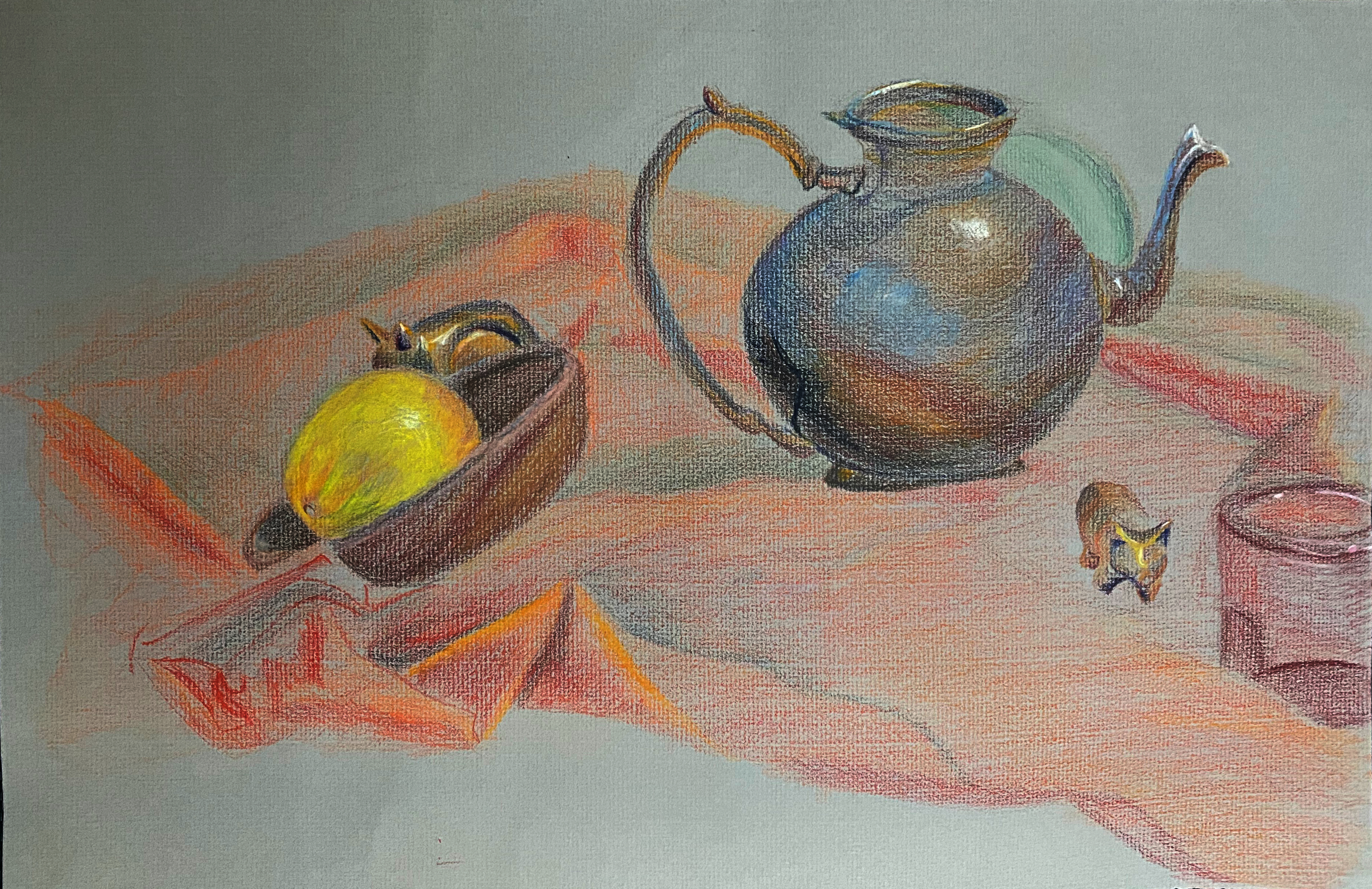 Prismacolor brand colored pencils. Blue toned paper, red, copper, metal, orange, cloth, Still life, pig, lemon, fruit, bowl, By Destiny Barrett.