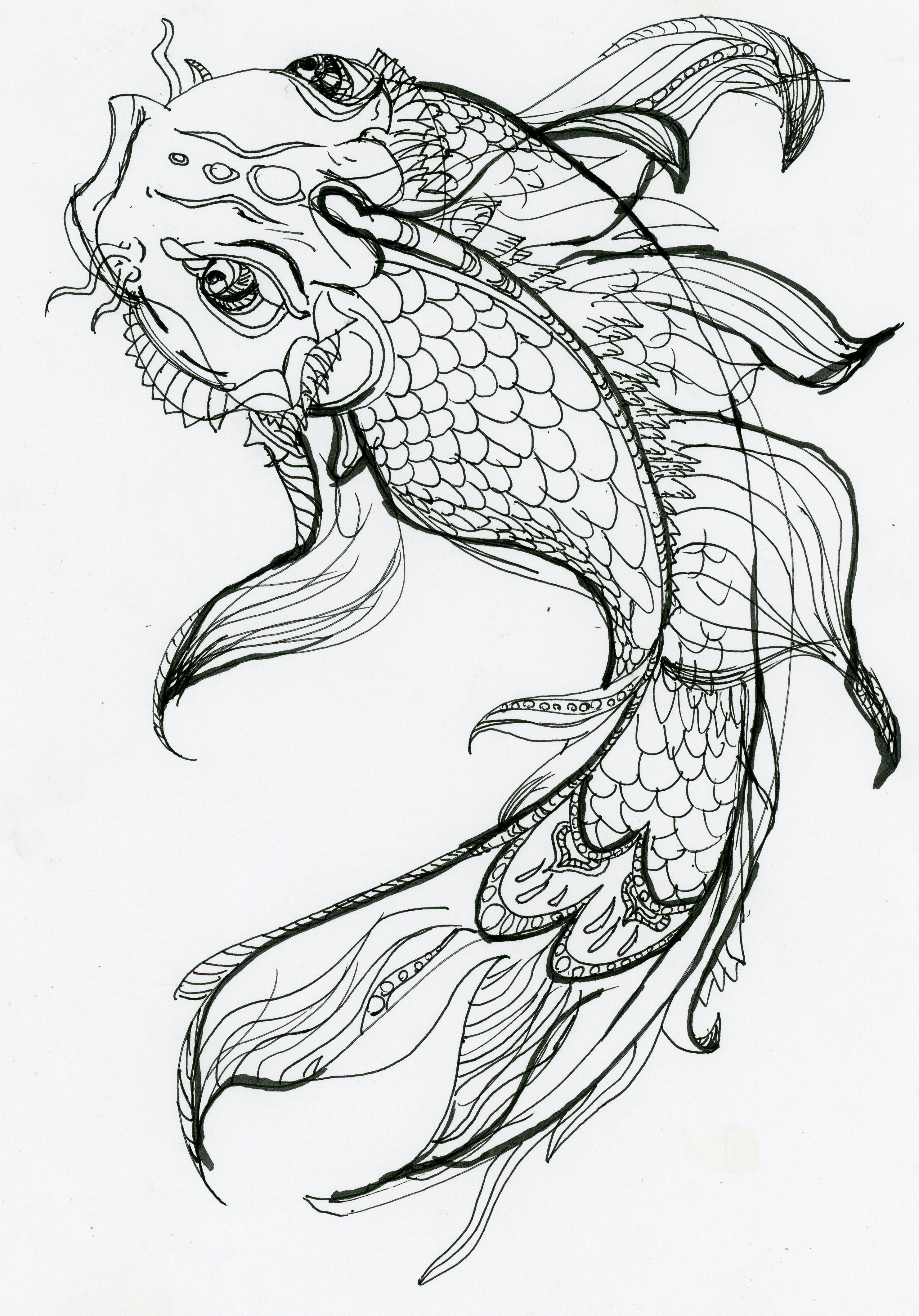 Subject: fish, Koi, Medium: black pen, white paper. by Destiny Barrett.