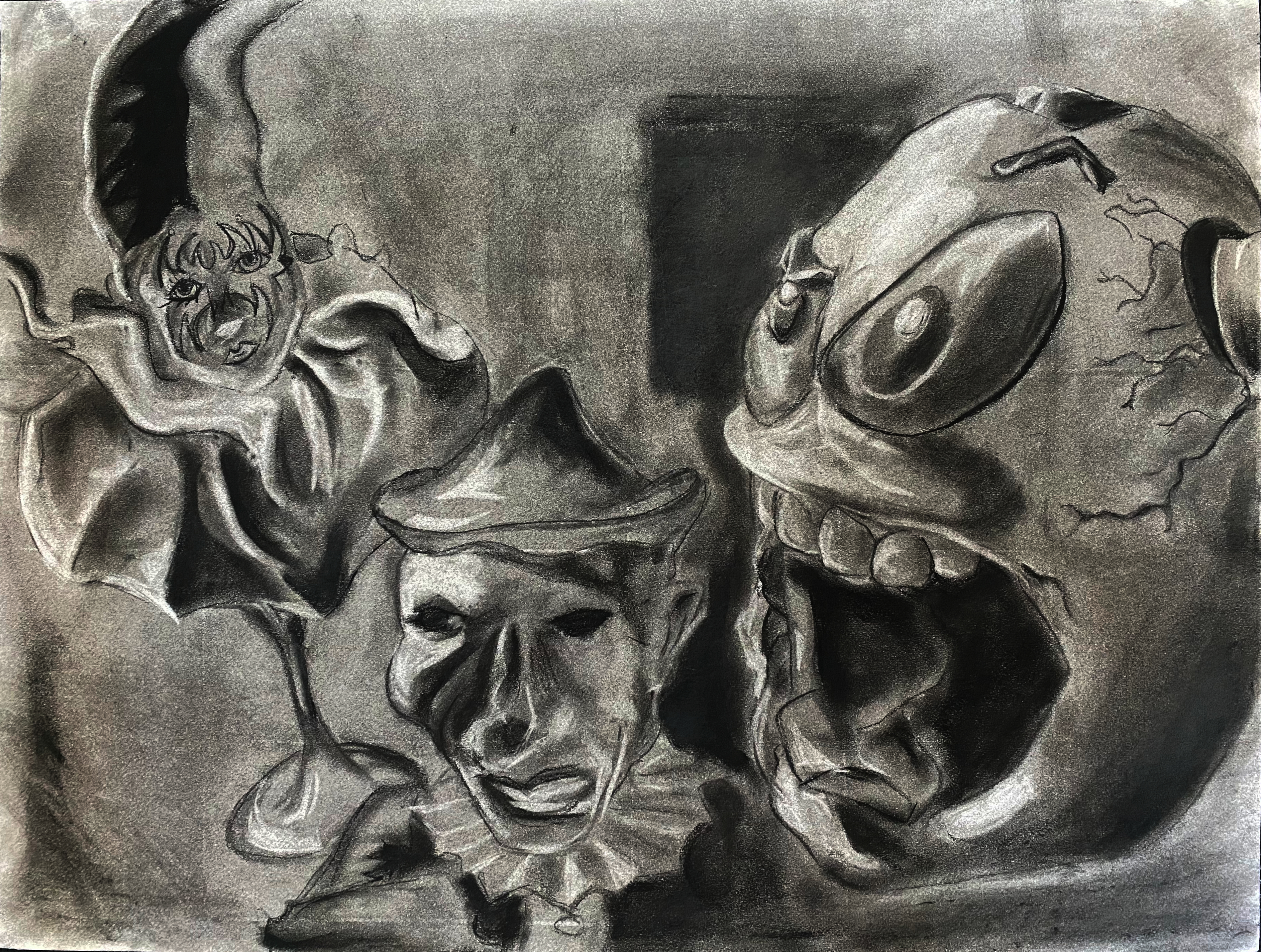 Charcoal, jesture, scary, Monochromatic. 24in x 18in, paper, By Destiny Barrett.